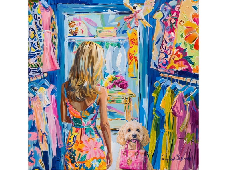 Puede incluir: Pintura art&iacute;stica de una mujer con un vestido floral frente a un armario lleno de ropa colorida. Un perro sostiene un bolso rosa en la boca. La pintura est&aacute; firmada "Sophie Lynne".
