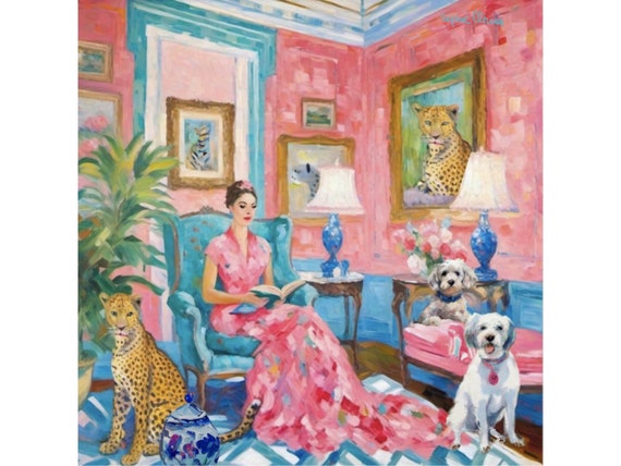 Book Club meeting in a pink room, whimsical fine art giclee print