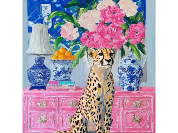 Grandmillennial art, Cheetah in preppy pink interior with ginger jars