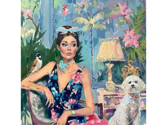 Grandmillennial art,A girl with a grey sparrow, whimsical fine art