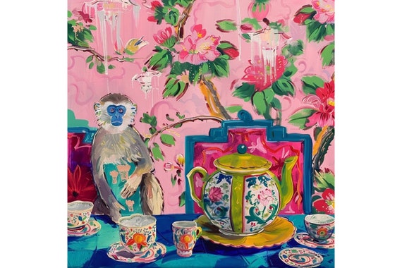 Grandmillennial art, Monkey in chinoiserie room art print