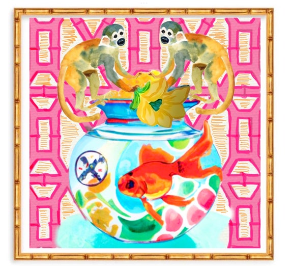 Grandmillennial art, Unique modern chinoiserie print with monkeys and gold fish on bamboo lattice
