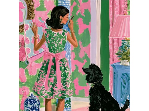 Pink & Green Poodle Art: The Wallpaper Consultation, Grandmillennial Decor, signed fine art print