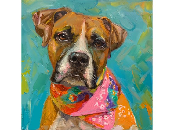 Grandmillennial art, Portrait of Boxer in preppy bandana, whimsical animal art