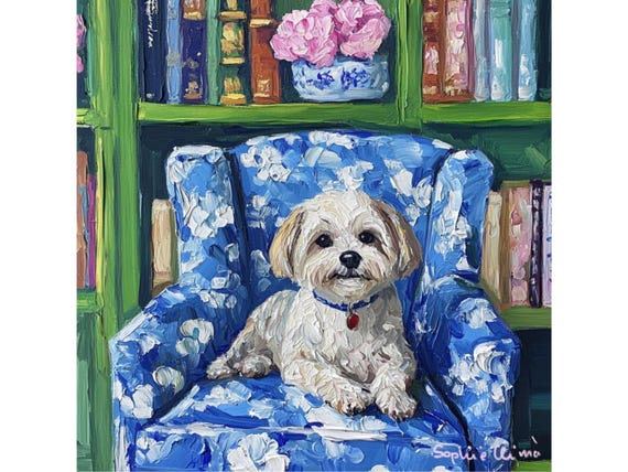 Grandmillennial art, Multupoo on a blue chinoiserie chair, whimsical fine art