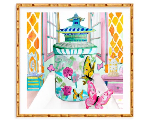 Grandmillennial art, Interior with modern chinoiserie jars and butterflies