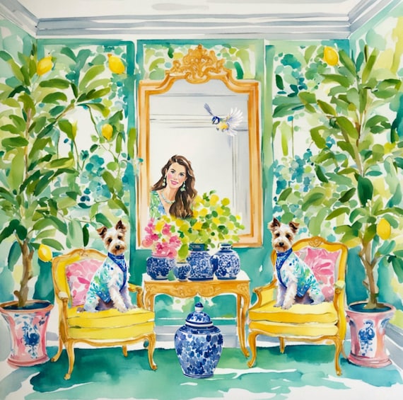 Grandmillennial art, Well dressed terriers in a room with lemon trees, whimsical fine art