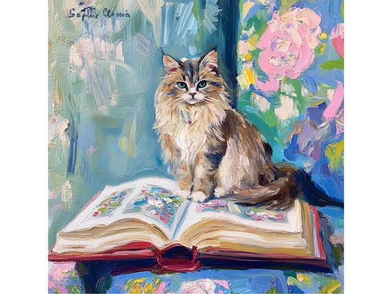 Whimsical Cat Art Print: Grandmillennial Style, Cat on Books