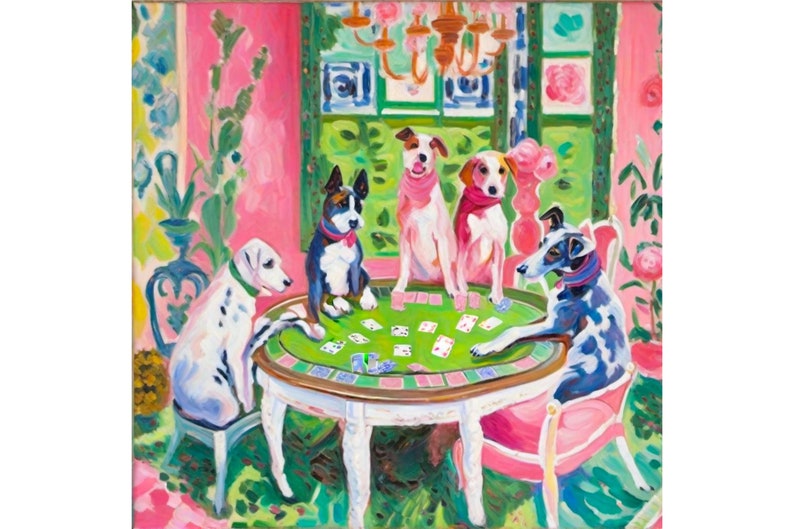 May include: A painting of four dogs playing cards around a green table in a pink room. The dogs are wearing colorful scarves and are sitting on chairs. The room is decorated with floral wallpaper and a chandelier.