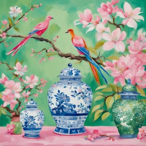 Chinoiserie birds, flowers and ginger jars, watercolor painting