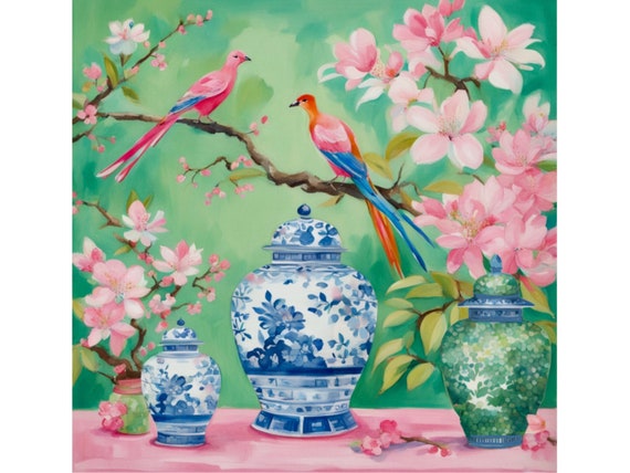 Grandmillennial art, Chinoiserie birds, flowers and ginger jars, watercolor painting