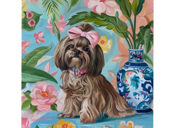 Grandmillennial art, Shih Tzu dog in preppy chinoiserie interior whimsical fine art