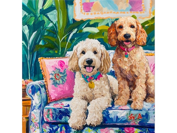 Grandmillennial art, White and Moca Labradoodles in chinoiserie interior, fine art print