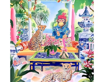 Grandmillennial art, The Monkey King Palace Part 1, preppy chinoiserie giclee print