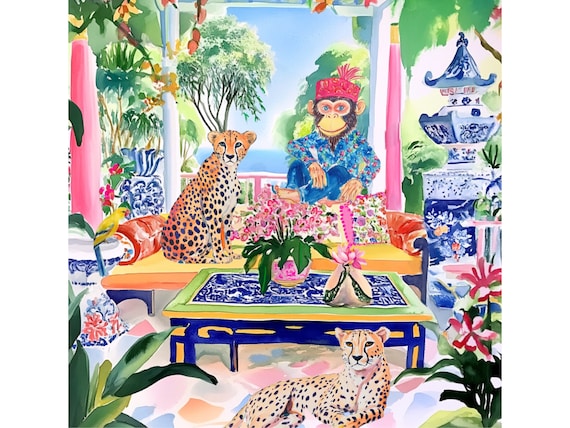 Grandmillennial art, The Monkey King Palace Part 1, preppy chinoiserie giclee print