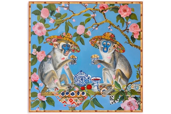 Chinoiserie Monkey Art Print: Beach Hats & Dog Roses