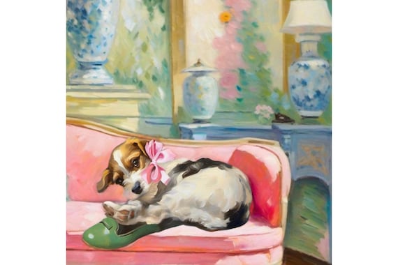 Grandmillennial art, The missing green sleeper, Jack Russell terrier preppy painting