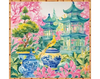 Chinoiserie panel, Yellow bird of Paradisenin pagoda garden, preppy chinoiserie print