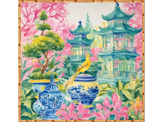 Chinoiserie panel, Yellow bird of Paradisenin pagoda garden, preppy chinoiserie print