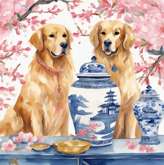 Digital, Grandmillennial art, Golden Retrievers in chinoiserie interior digital download