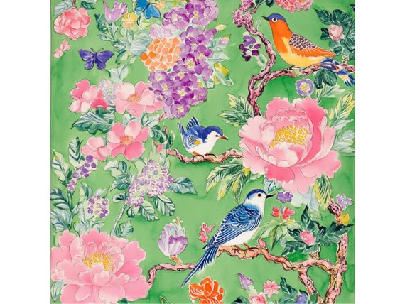 Chinoiserie art, Birds and flowers chinoisetie on apple green part 1, Giclee art print