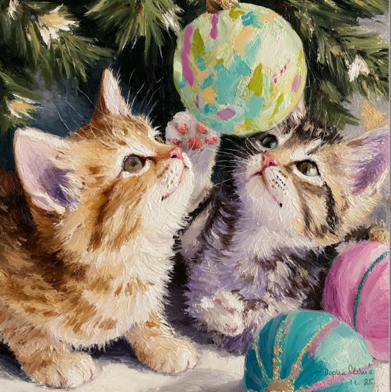 Grandmillennial art, Kittens playing with Christmas baubles