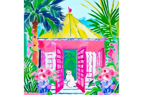 Grandmillennial art, White cat in a pink cabana, swimming pool art