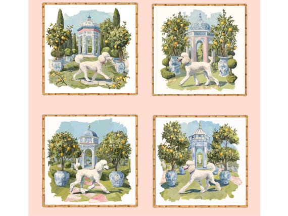 Preppy Poodles in Chinoiserie Pagoda Garden Watercolor Art Prints - Set of 4
