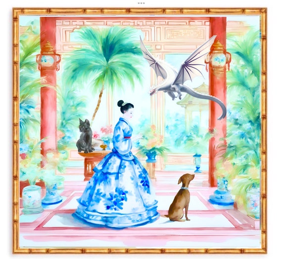 Chinoiserie art, The White Dragon den, watercolor wall art
