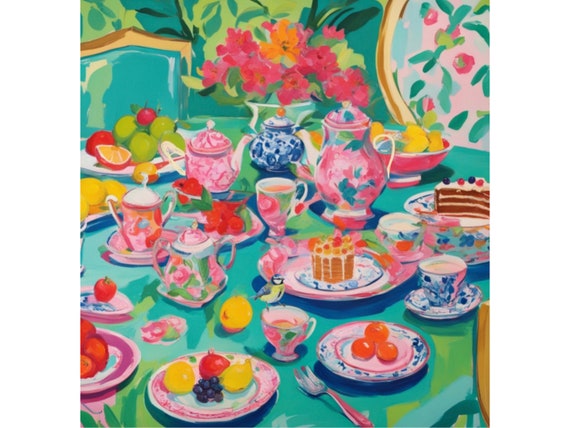Grandmillennial art, Afternoon Tea in Turquoise, whimsical watercolor