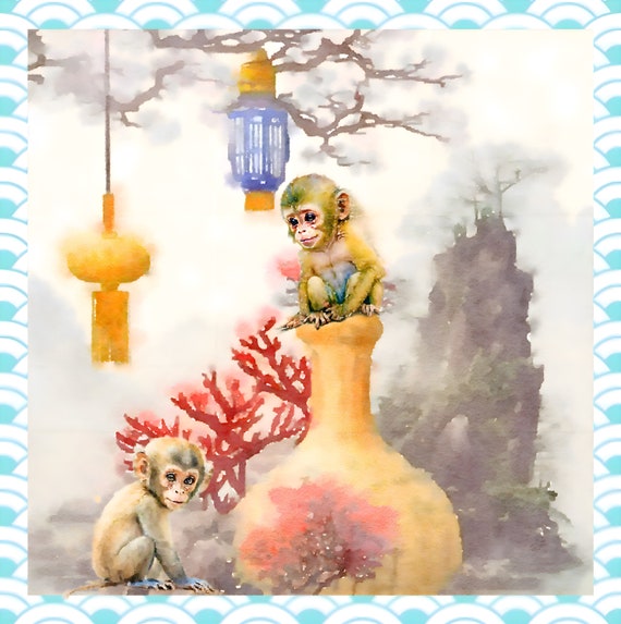 Chinoiserie Monkeys Watercolor Print: Fantasy Landscape (Printable File)