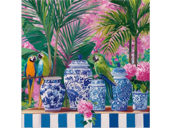 Macaw and ginger jars in stripy cabana, Grandmillennial wall art