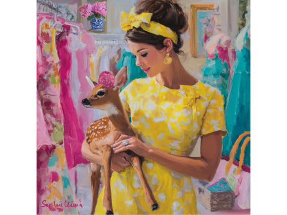 Yellow Dress Fashionista Art Print: Grandmillennial Palm Beach Vibe