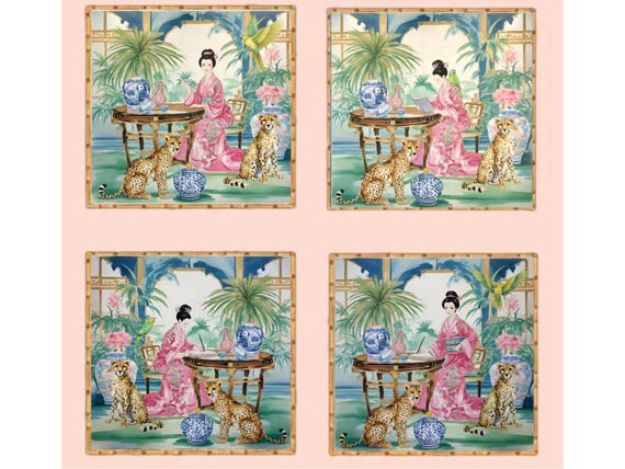 Chinoiserie Writers Den Watercolor Art Prints - Set of 4