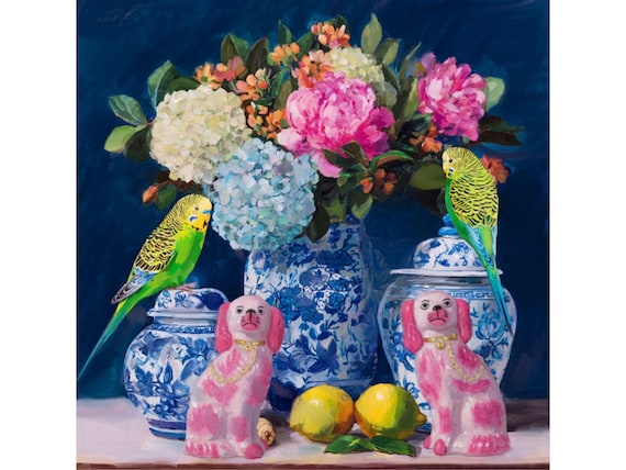 Giclee Print: Peonies, Hydrangeas, Ginger Jars, Staffordshire Dogs, Parrots (Limited Edition)