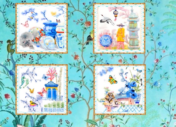Chinoiserie Ginger Jar Art Prints: Set of 4 Watercolor Fantasy Scenes