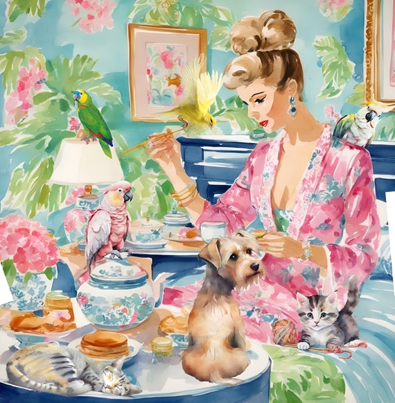 Grandmillennial art, Breakfast in bed, whimsical fine art