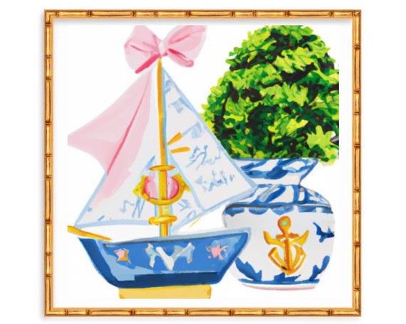 Grandmillennial art, Sailing boat and chinoiserie jar with topiary