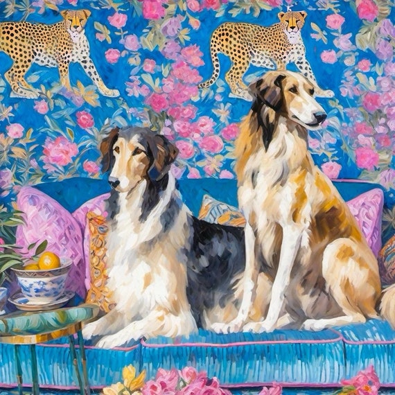 Grandmillennial art, Borzoi dogs in blue and pink interior, whimsical fine art