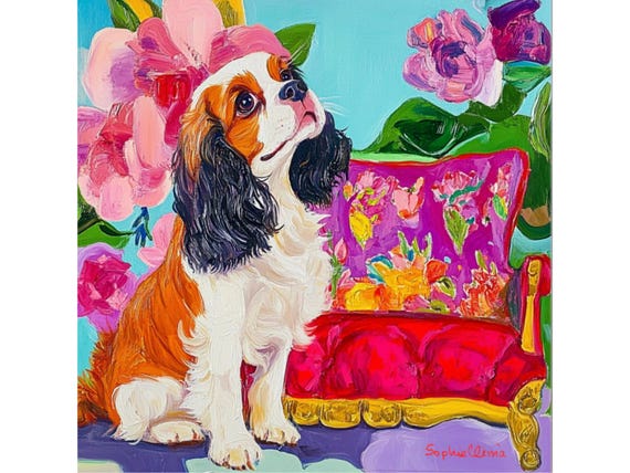 Grandmillennial art, Thoughtful King Charles Spaniel, whimsical dogs art