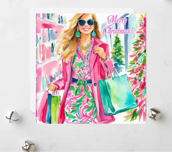 Illustration Christmas card: girl doing Christmas shopping