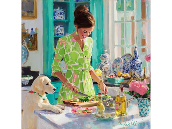 Grandmillennial Kitchen Art Print: Lady & Labrador - "Let's Cook"