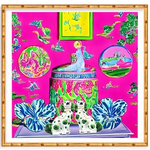 Grandmillennial art, Pink and green modern chinoiserie prints with foo dogs