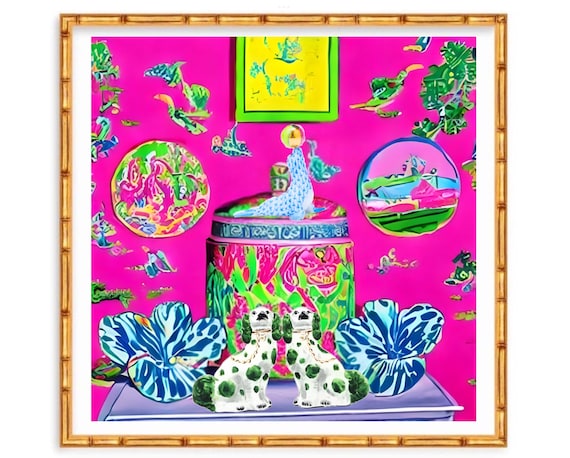 Grandmillennial art, Pink and green modern chinoiserie prints with foo dogs