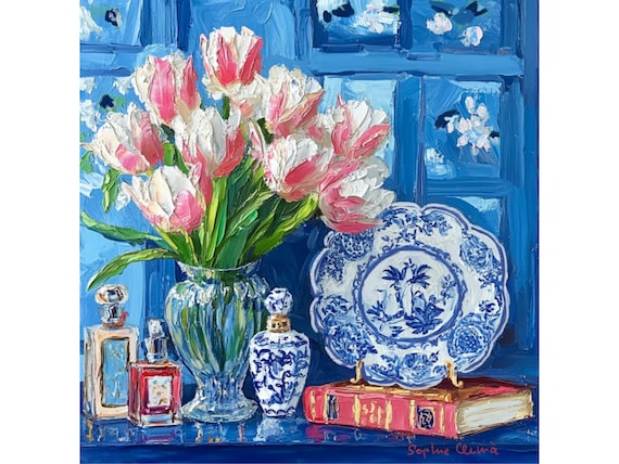 grandmillennial art, Still life with pink tulips in blue and white china,  oil painting