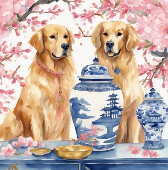 Grandmillennial art, Golden Retrievers and cherry blossom, digital download
