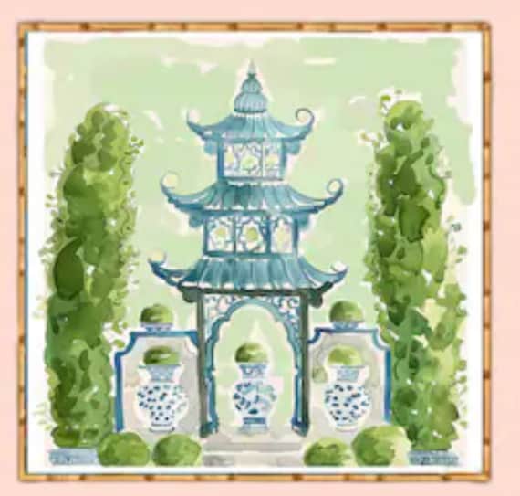 Grandmillennial art, Chinoiserie pagoda garden 3 art print