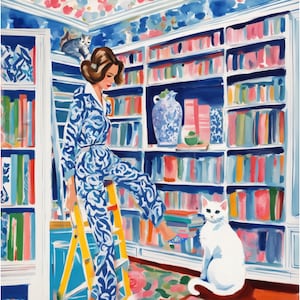 Grandmillennial art, In the library, preppy whimsical painting, girly art