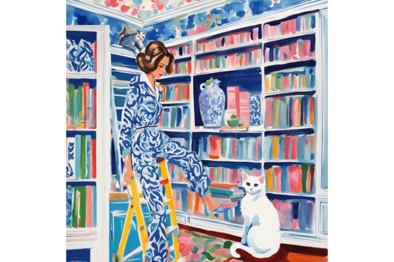 Grandmillennial art, In the library, preppy whimsical painting, girly art