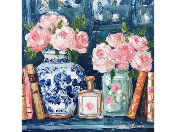 Grandmillennial art, Birds, Tea roses in blue interior, oil painting